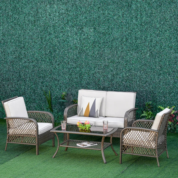 Conjunto de 4 móveis de jardim de vime PE Poltrona, sofá duplo e mesa de centro com almofadas laváveis para terraço ao ar livre, marrom e cáqui