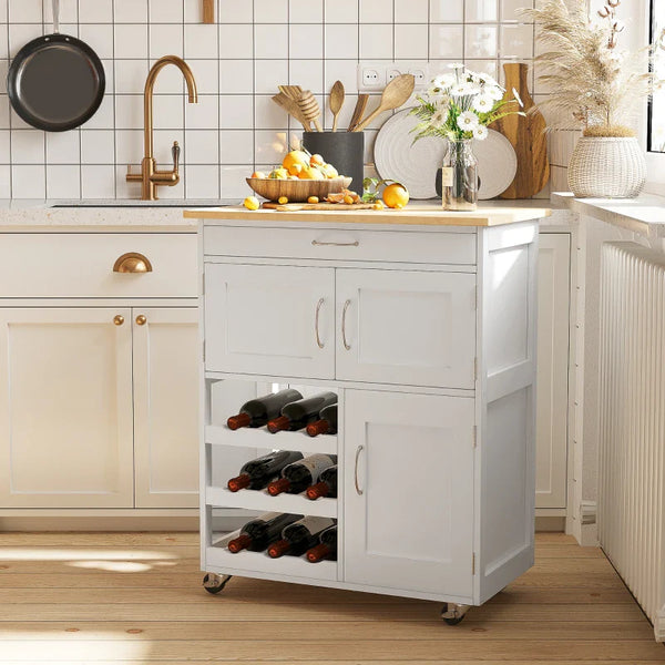 Carrinho de Cozinha com Rodas Carrinho de Cozinha com Gaveta 2 Armários de Armazenamento e 3 Prateleiras Abertas para 9 Garrafas para Sala de Jantar 67x37x87cm Branco