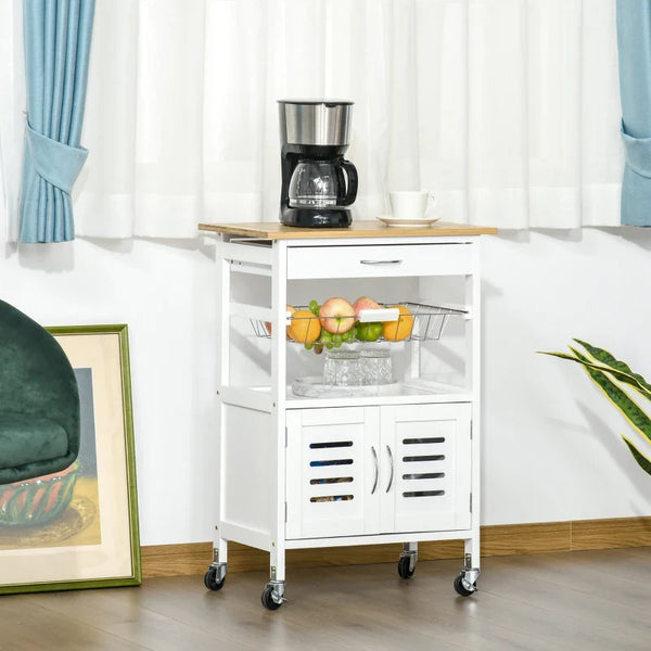 Carrinho de Cozinha com Rodas Carro de Armazenamento Multiúso com Bancada de Bambu Gaveta Cesta Metálica e Armário de 2 Portas de Persiana 58x37x83cm Branco