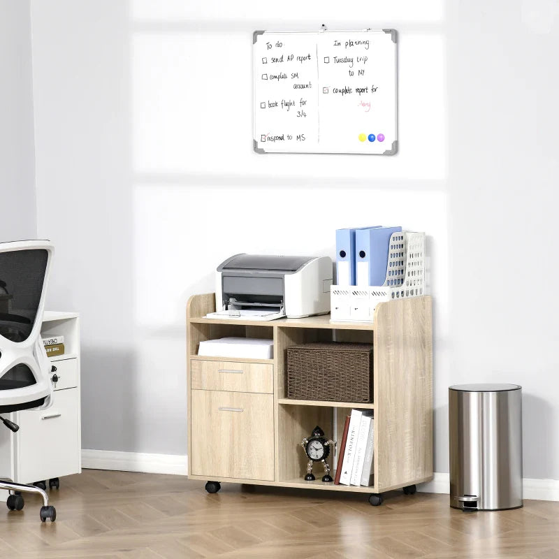 Armário para Impressora Armário Multifuncional de Escritório com 3 Compartimentos 2 Gavetas para Arquivos Prateleira Ajustável 2 Rodas com Freios 80x40x72cm Carvalho