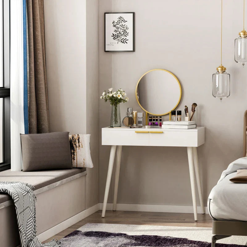 Toucador com Espelho Redondo Mesa de Maquilhagem com 2 Gavetas Estilo Moderno para Dormitório 80x40x123cm Branco