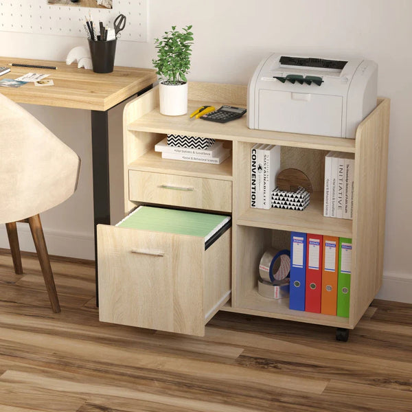 Armário para Impressora Armário Multifuncional de Escritório com 3 Compartimentos 2 Gavetas para Arquivos Prateleira Ajustável 2 Rodas com Freios 80x40x72cm Carvalho