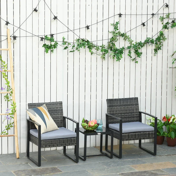Conjunto de Móveis de Jardim de Vime 3 Peças com 1 Mesa 42,5x40x39 cm 2 Poltronas 63x57x76 cm Almofada Acolchoada para Pátio Varanda Marrom