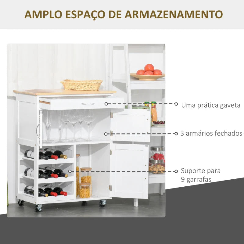 Carrinho de Cozinha com Rodas Carrinho de Cozinha com Gaveta 2 Armários de Armazenamento e 3 Prateleiras Abertas para 9 Garrafas para Sala de Jantar 67x37x87cm Branco