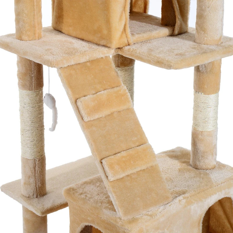 PawHut Arranhador para Gatos Grande 49x49x173 cm com Múltiplos Níveis Cavernas Brinquedos Suspensos Centro de Atividades de Sisal Bege
