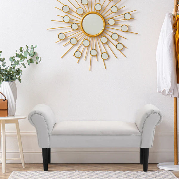 Banco de Pé de Cama Banco com Braços Curvados Estofado e Pés de Madeira para Dormitório Entrada Sala de Estar Carga Máxima 130kg 102x31x51cm Cinza