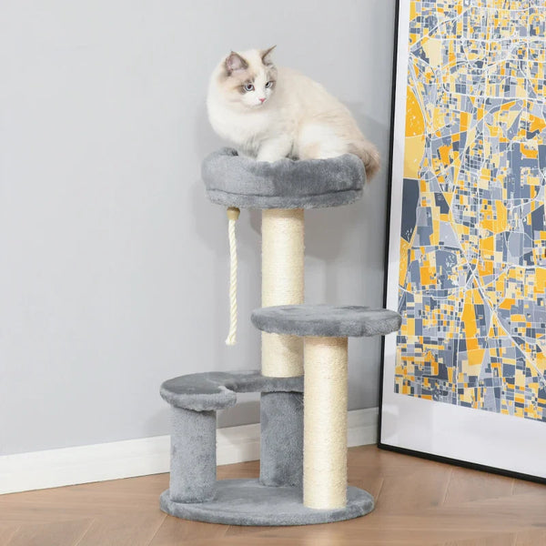 PawHut Árvore Arranhador para Gatos Ø40x65 cm com 3 Níveis Cama Plataformas em Pelúcia Corda Suspensa e Poste com Corda de Sisal Cinza
