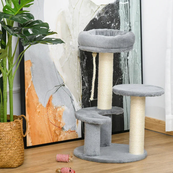 PawHut Árvore Arranhador para Gatos Ø40x65 cm com 3 Níveis Cama Plataformas em Pelúcia Corda Suspensa e Poste com Corda de Sisal Cinza