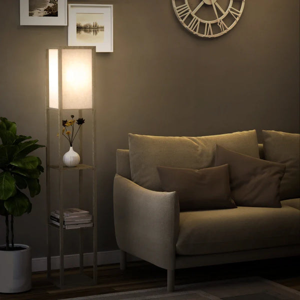 Candeeiro de Pé de Madeira com 3 Prateleiras De Armazenamento para Lâmpada E27 Potência Máx. 40W Candeeiro Moderno para Sala de Estar Dormitório 26x26x160cm Carvalho e Branco