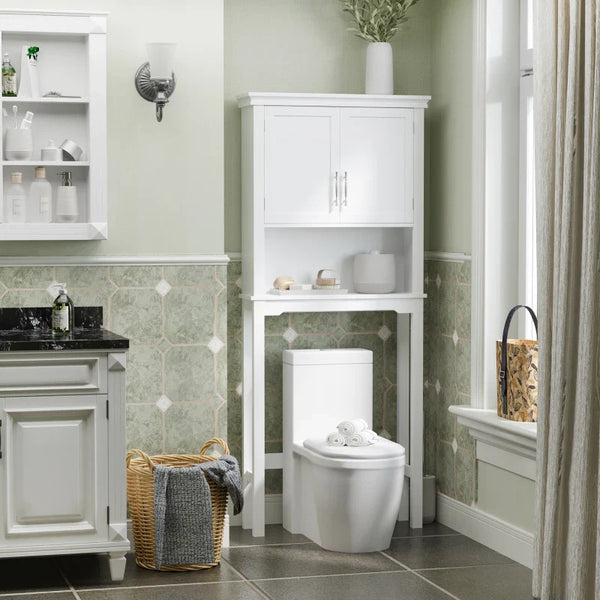 Armário sobre Sanita Armário Alto para Lavadora com 2 Portas Prateleira Interior Ajustável e 1 Prateleira de Armazenamento para Casa de Banho WC Carga 30kg Anti-Tombamento 71x20,5x165cm Branco