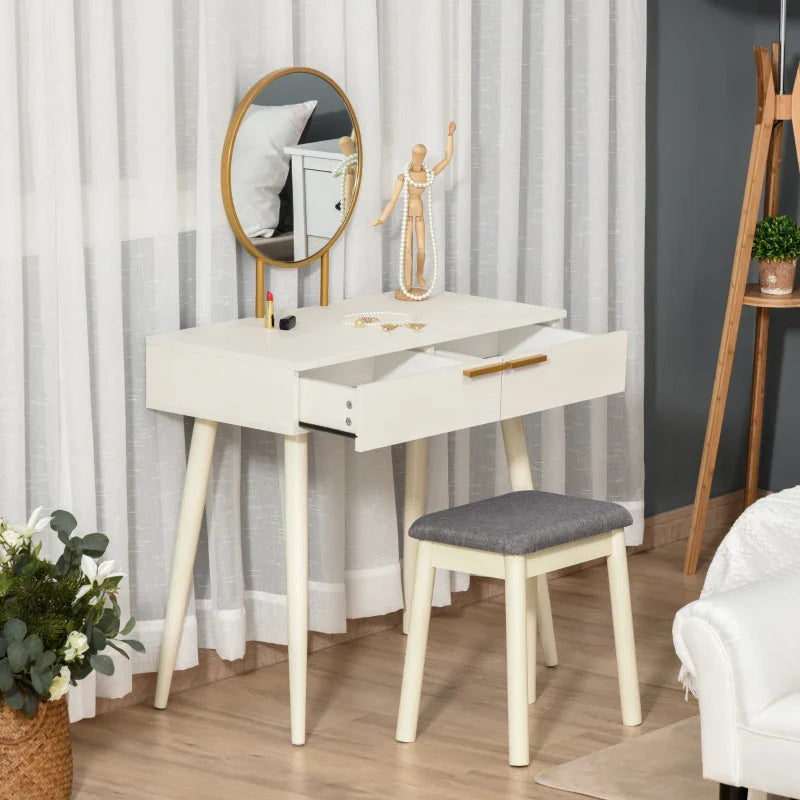 Toucador com Espelho Redondo Mesa de Maquilhagem com 2 Gavetas Estilo Moderno para Dormitório 80x40x123cm Branco