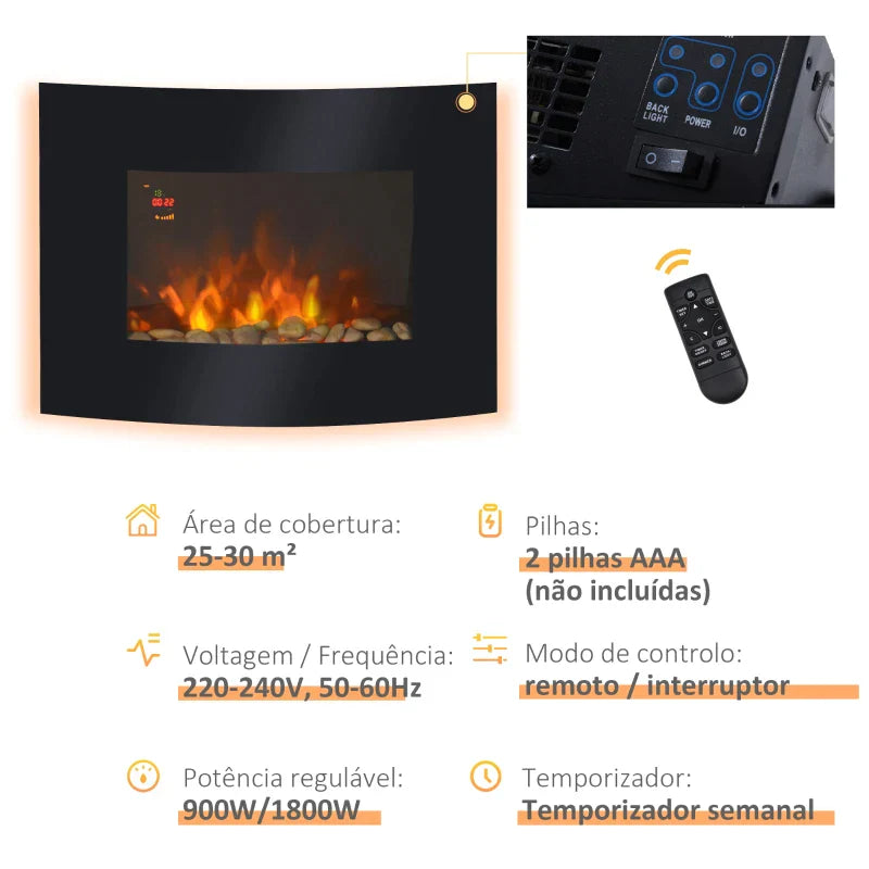 Lareira Elétrica de Parede com Efeito de Chamas Realistas e Luzes LED em 7 Cores com Controlo Remoto Potência 900W/1800W 65x11,4x52cm Preto