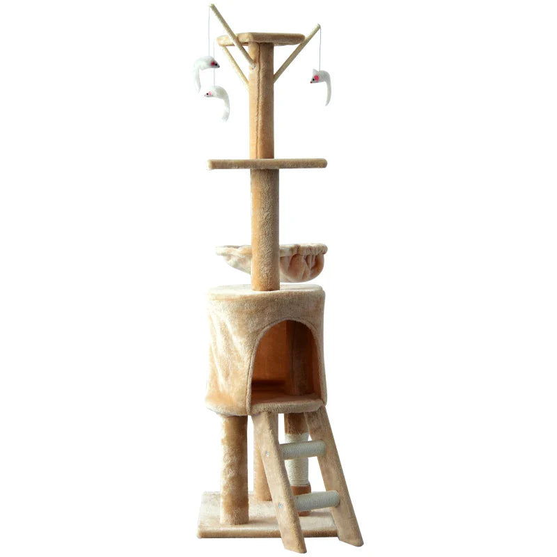 PawHut Arranhador para Gatos de 134,2 cm Torre para Gatos com Caverna Plataformas Rato de Brinquedo Rede e Postes de Sisal 50x35x134,2 cm Bege