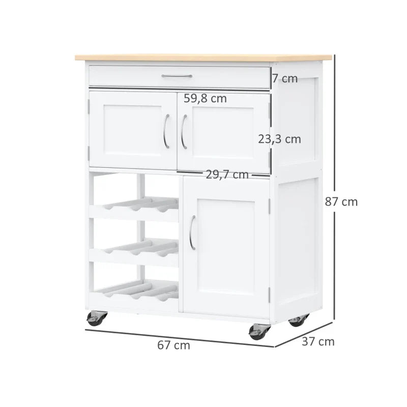 Carrinho de Cozinha com Rodas Carrinho de Cozinha com Gaveta 2 Armários de Armazenamento e 3 Prateleiras Abertas para 9 Garrafas para Sala de Jantar 67x37x87cm Branco