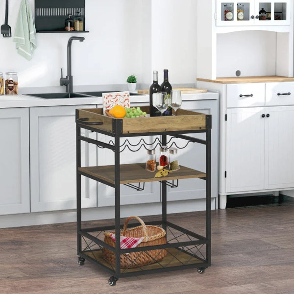 Carrinho de cozinha Carrinho de serviço móvel multifuncional com 3 prateleiras Suporte para copos e toalheiros da bandeja porta-copos para sala de jantar 77x44,5x91 cm Madeira rústica