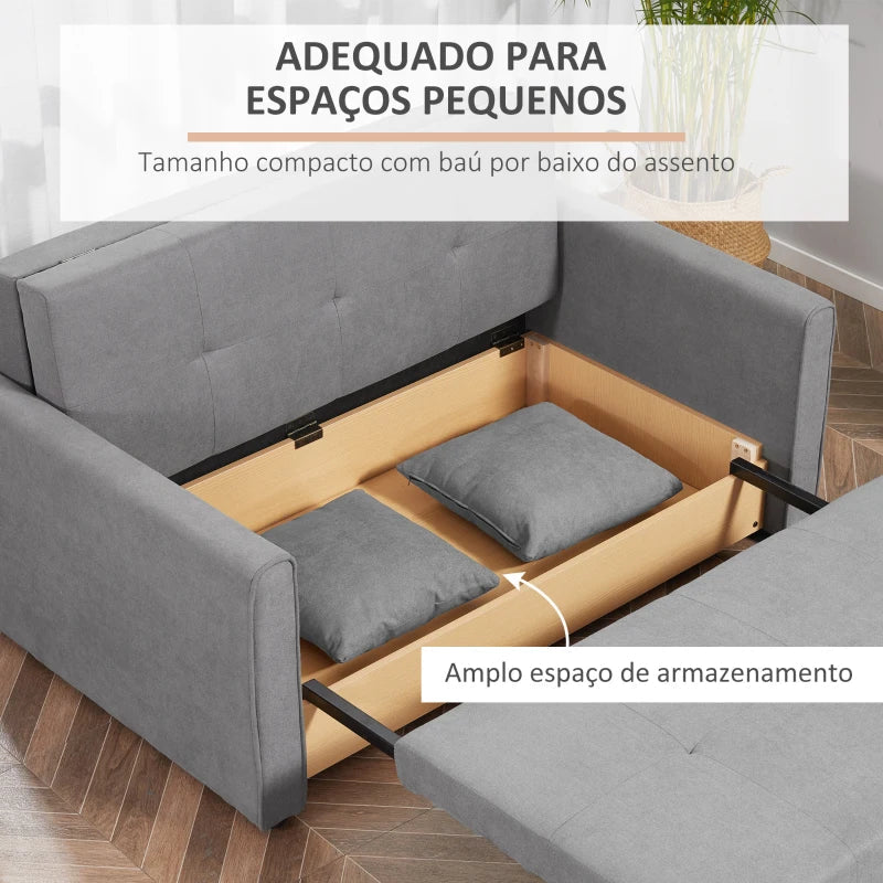 Sofá Cama de 2 Lugares Estofado em Algodão com 2 Almofadas Apoio para os Braços e Armazenamento Sofá Duplo Moderno para Sala de Estar Escritório 152x101x81cm Cinza