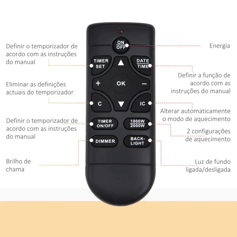 Lareira Elétrica de Parede com Efeito de Chamas Realistas e Luzes LED em 7 Cores com Controlo Remoto Potência 900W/1800W 65x11,4x52cm Preto