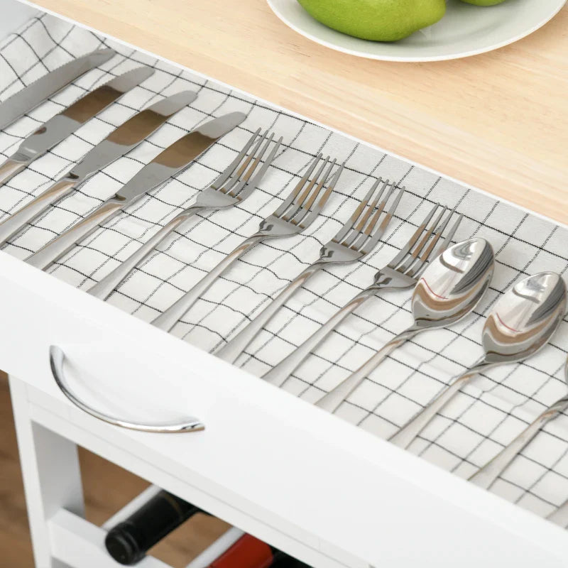 Carrinho de Cozinha com Rodas Carrinho de Cozinha com Gaveta 2 Armários de Armazenamento e 3 Prateleiras Abertas para 9 Garrafas para Sala de Jantar 67x37x87cm Branco