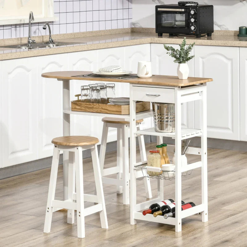Conjunto de Mesa de Bar com 1 Gaveta 2 Prateleiras Cesta Removível e Suporte para Garrafas Mobiliário Alto com Mesa 119x38,5x88,5cm e 2 Bancos 29x29x55cm para Sala de Jantar Cozinha Branco