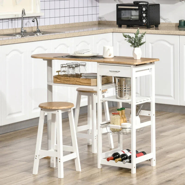 Conjunto de Mesa de Bar com 1 Gaveta 2 Prateleiras Cesta Removível e Suporte para Garrafas Mobiliário Alto com Mesa 119x38,5x88,5cm e 2 Bancos 29x29x55cm para Sala de Jantar Cozinha Branco