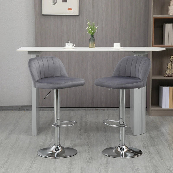 Conjunto de 2 Bancos de Bar Estofados em Pelúcia Bancos Altos de Sala de Jantar com Altura Ajustável Assento Giratório e Apoio para os Pés Carga Máxima 120kg 43x45x81-101cm Cinza