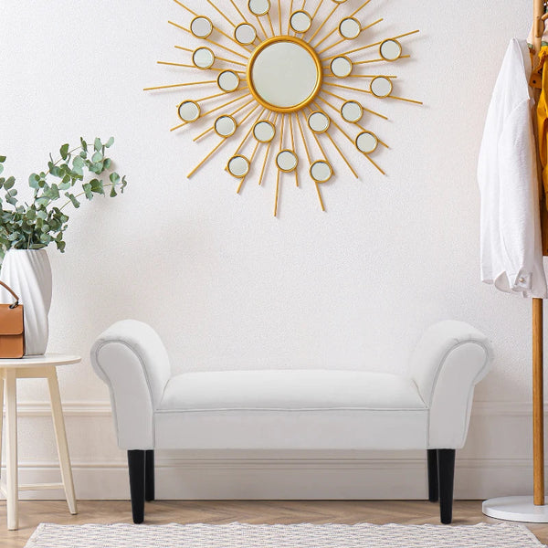 Banco de Pé de Cama Banco com Braços Curvados Estofado e Pés de Madeira para Dormitório Entrada Sala de Estar Carga Máxima 130kg 102x31x51cm Branco