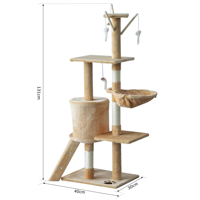 PawHut Arranhador para Gatos de 134,2 cm Torre para Gatos com Caverna Plataformas Rato de Brinquedo Rede e Postes de Sisal 50x35x134,2 cm Bege