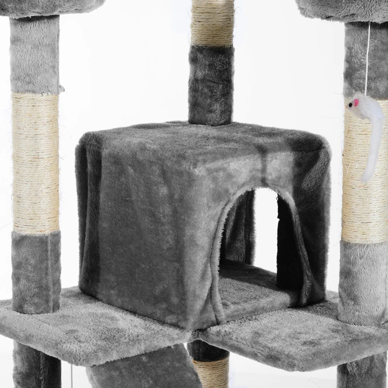 PawHut Arranhador para Gatos Grande 49x49x173 cm com Múltiplos Níveis Cavernas Brinquedos Suspensos Centro de Atividades de Sisal Cinza