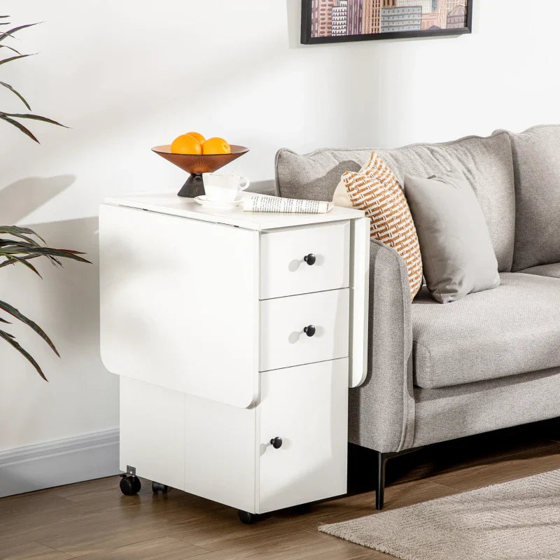 Mesa de Jantar Dobrável com Rodas Mesa Abatível com 2 Gavetas e Armário Mesa Auxiliar Multifuncional para Estúdio Cozinha 120x60x76,5cm Branco