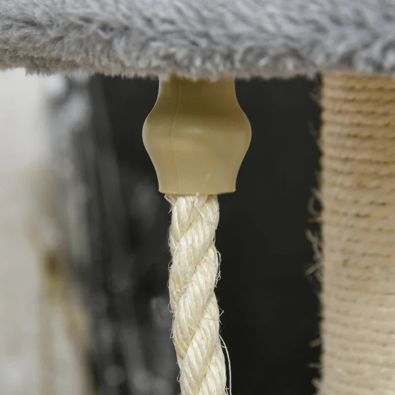 PawHut Árvore Arranhador para Gatos Ø40x65 cm com 3 Níveis Cama Plataformas em Pelúcia Corda Suspensa e Poste com Corda de Sisal Cinza