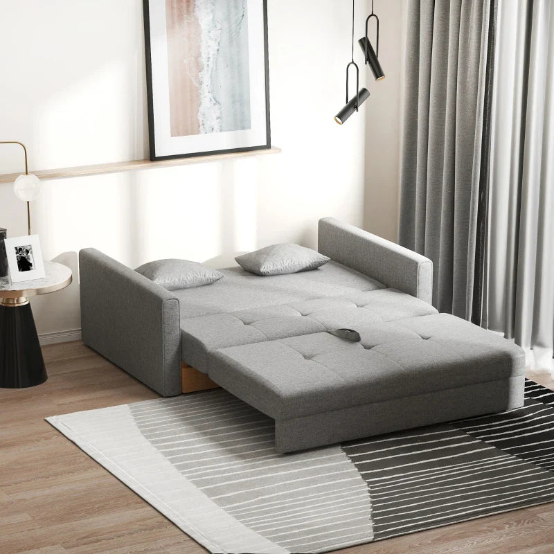Sofá Cama de 2 Lugares Estofado em Algodão com 2 Almofadas Apoio para os Braços e Armazenamento Sofá Duplo Moderno para Sala de Estar Escritório 152x101x81cm Cinza