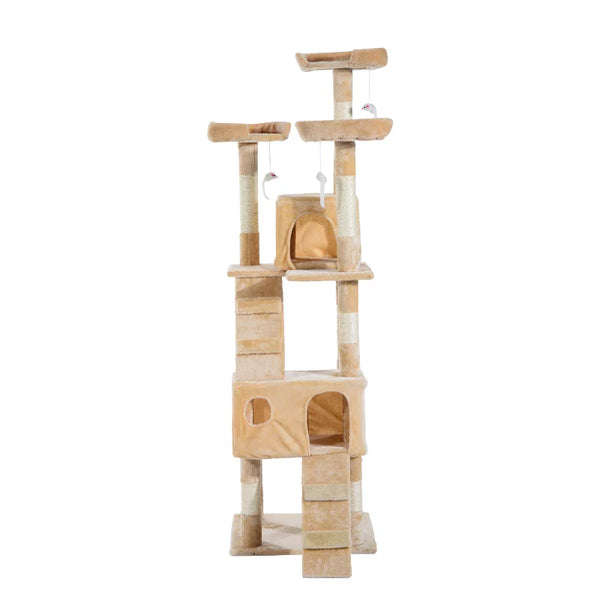 PawHut Arranhador para Gatos Grande 49x49x173 cm com Múltiplos Níveis Cavernas Brinquedos Suspensos Centro de Atividades de Sisal Bege