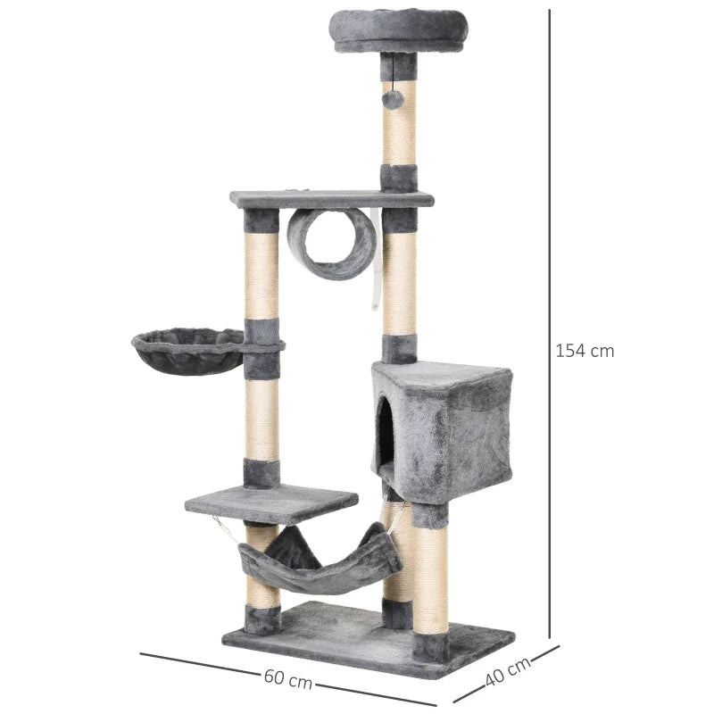 PawHut Árvore arranhador para gatos 154 cm de altura com plataformas túnel rede e postes de de sisal cinza
