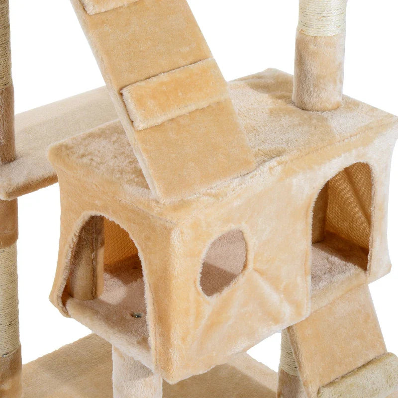 PawHut Arranhador para Gatos Grande 49x49x173 cm com Múltiplos Níveis Cavernas Brinquedos Suspensos Centro de Atividades de Sisal Bege