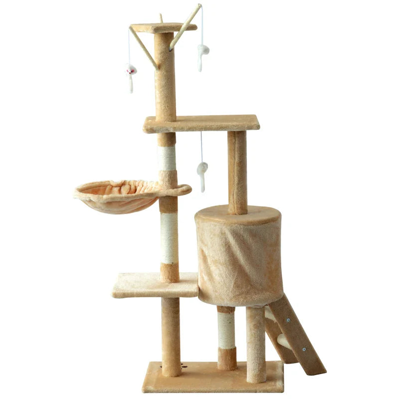 PawHut Arranhador para Gatos de 134,2 cm Torre para Gatos com Caverna Plataformas Rato de Brinquedo Rede e Postes de Sisal 50x35x134,2 cm Bege