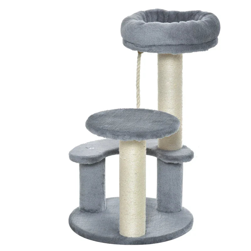 PawHut Árvore Arranhador para Gatos Ø40x65 cm com 3 Níveis Cama Plataformas em Pelúcia Corda Suspensa e Poste com Corda de Sisal Cinza