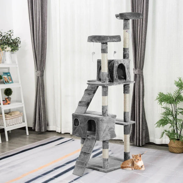 PawHut Arranhador para Gatos Grande 49x49x173 cm com Múltiplos Níveis Cavernas Brinquedos Suspensos Centro de Atividades de Sisal Cinza