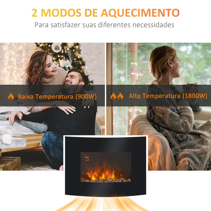 Lareira Elétrica de Parede com Efeito de Chamas Realistas e Luzes LED em 7 Cores com Controlo Remoto Potência 900W/1800W 65x11,4x52cm Preto