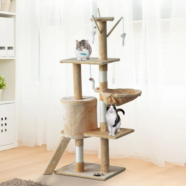 PawHut Arranhador para Gatos de 134,2 cm Torre para Gatos com Caverna Plataformas Rato de Brinquedo Rede e Postes de Sisal 50x35x134,2 cm Bege