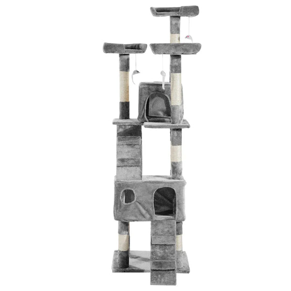 PawHut Arranhador para Gatos Grande 49x49x173 cm com Múltiplos Níveis Cavernas Brinquedos Suspensos Centro de Atividades de Sisal Cinza