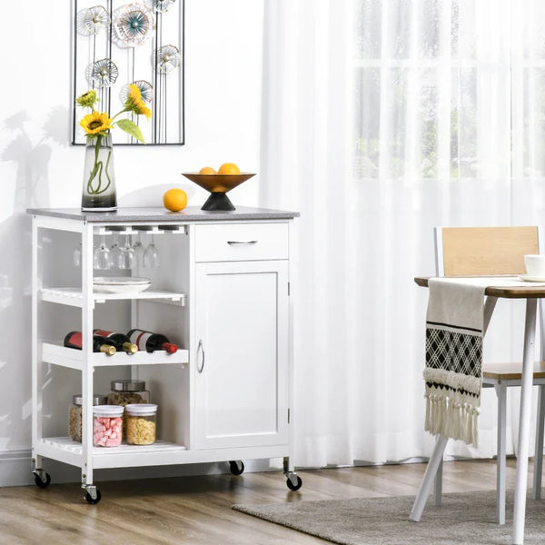Carrinho de Cozinha com Rodas Carrinho de Cozinha com 1 Gaveta Prateleiras Removíveis Suporte para 4 Garrafas e Armário para Sala de Jantar Sala de Estar Carga 40kg 76x48x88cm Branco e Cinza