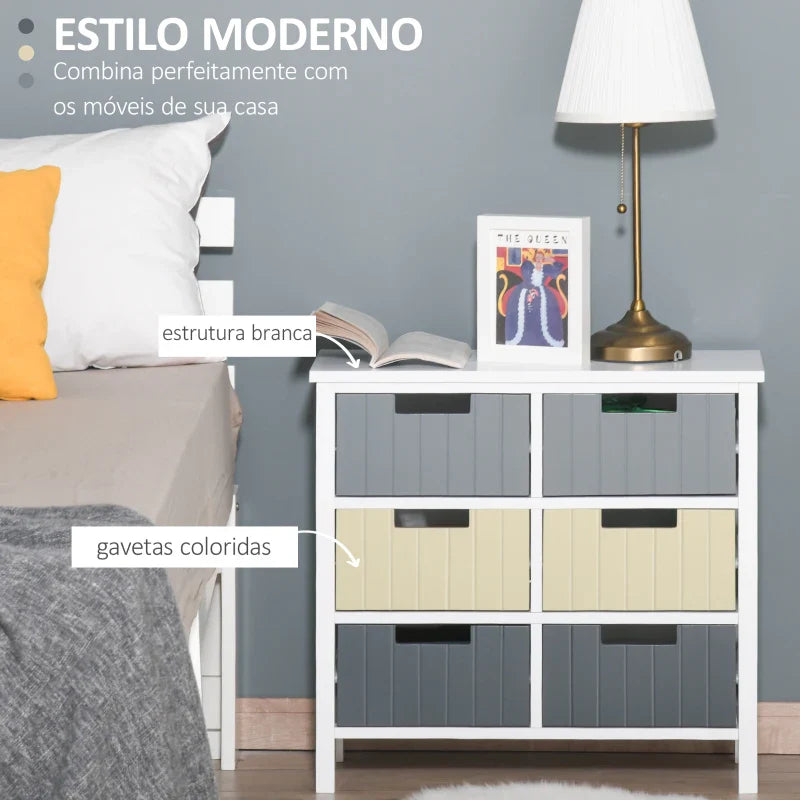 Cómoda de Madeira com 6 Gavetas Cómoda Auxiliar de Armazenamento com Pés Elevados Estilo Moderno para Dormitórios Sala de Estar Casa de Banho 60x28x58cm Multicor