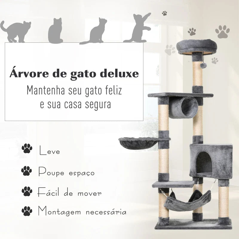 PawHut Árvore arranhador para gatos 154 cm de altura com plataformas túnel rede e postes de de sisal cinza
