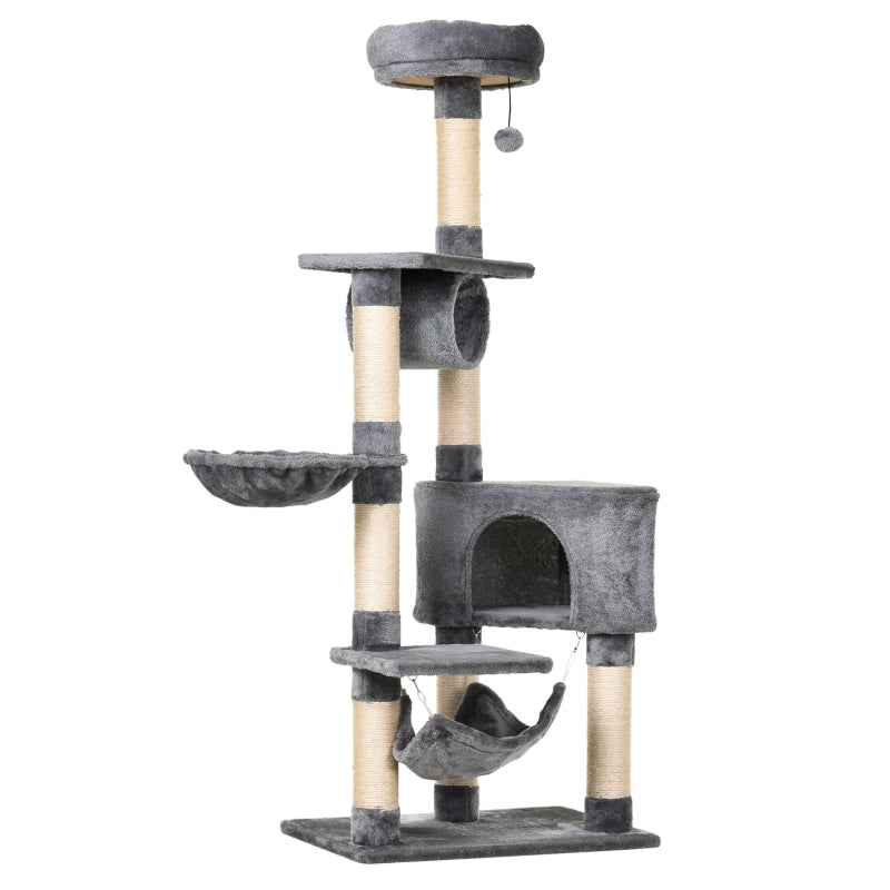 PawHut Árvore arranhador para gatos 154 cm de altura com plataformas túnel rede e postes de de sisal cinza