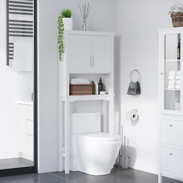 Armário sobre Sanita Armário Alto para Lavadora com 2 Portas Prateleira Interior Ajustável e 1 Prateleira de Armazenamento para Casa de Banho WC Carga 30kg Anti-Tombamento 71x20,5x165cm Branco