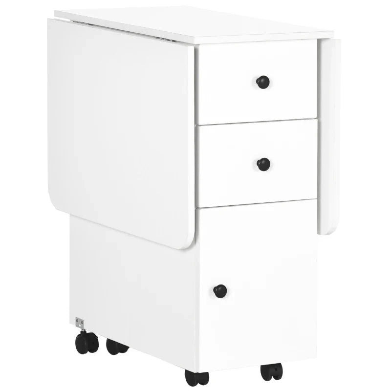 Mesa de Jantar Dobrável com Rodas Mesa Abatível com 2 Gavetas e Armário Mesa Auxiliar Multifuncional para Estúdio Cozinha 120x60x76,5cm Branco