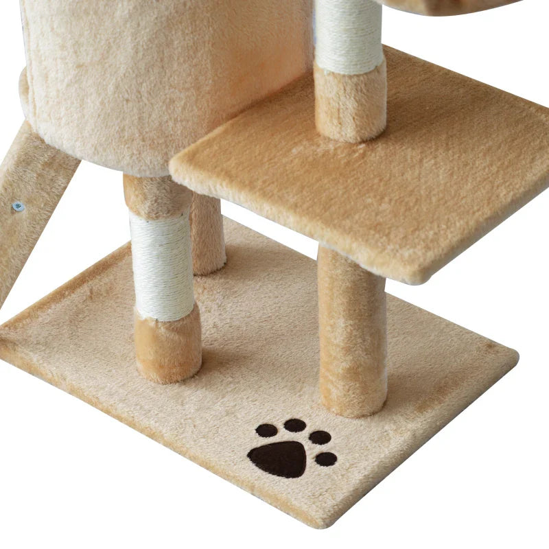 PawHut Arranhador para Gatos de 134,2 cm Torre para Gatos com Caverna Plataformas Rato de Brinquedo Rede e Postes de Sisal 50x35x134,2 cm Bege