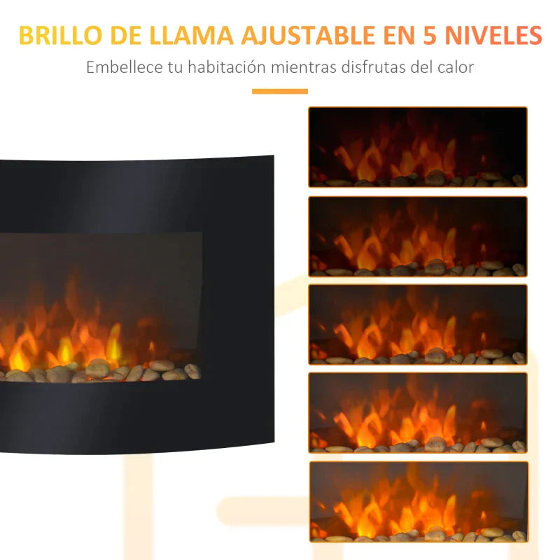 Lareira Elétrica de Parede com Efeito de Chamas Realistas e Luzes LED em 7 Cores com Controlo Remoto Potência 900W/1800W 65x11,4x52cm Preto