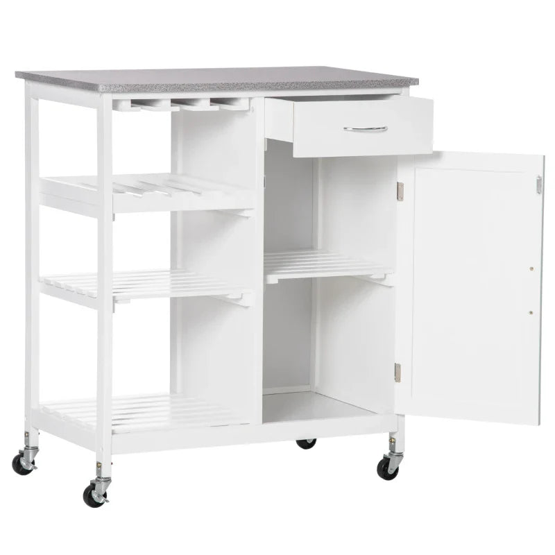 Carrinho de Cozinha com Rodas Carrinho de Cozinha com 1 Gaveta Prateleiras Removíveis Suporte para 4 Garrafas e Armário para Sala de Jantar Sala de Estar Carga 40kg 76x48x88cm Branco e Cinza