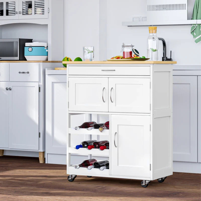Carrinho de Cozinha com Rodas Carrinho de Cozinha com Gaveta 2 Armários de Armazenamento e 3 Prateleiras Abertas para 9 Garrafas para Sala de Jantar 67x37x87cm Branco